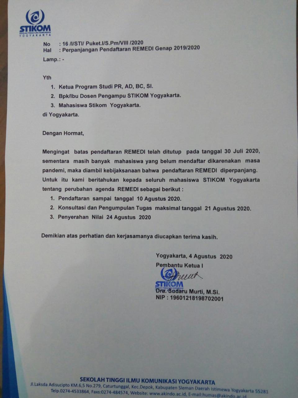 Perpanjangan Pendaftaran REMEDI Genap 2019/2020